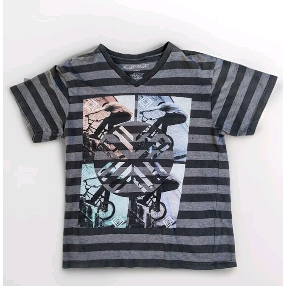 Dikotomy Boys Tee Shirt Large 16-18 Gray BMX Bikes V Neck Striped Cotton Blend - Picture 1 of 10
